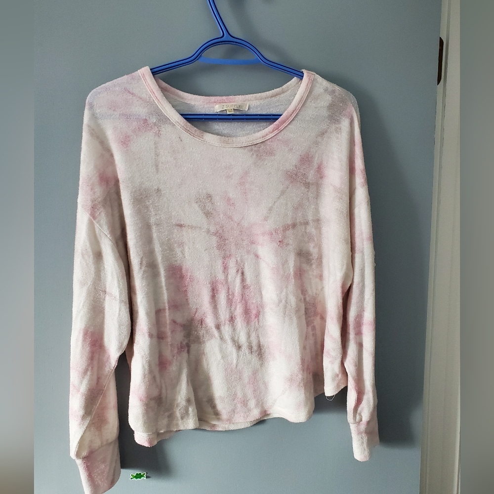 Z Supply Pink and White Tie-Dye Long Sleeve Top